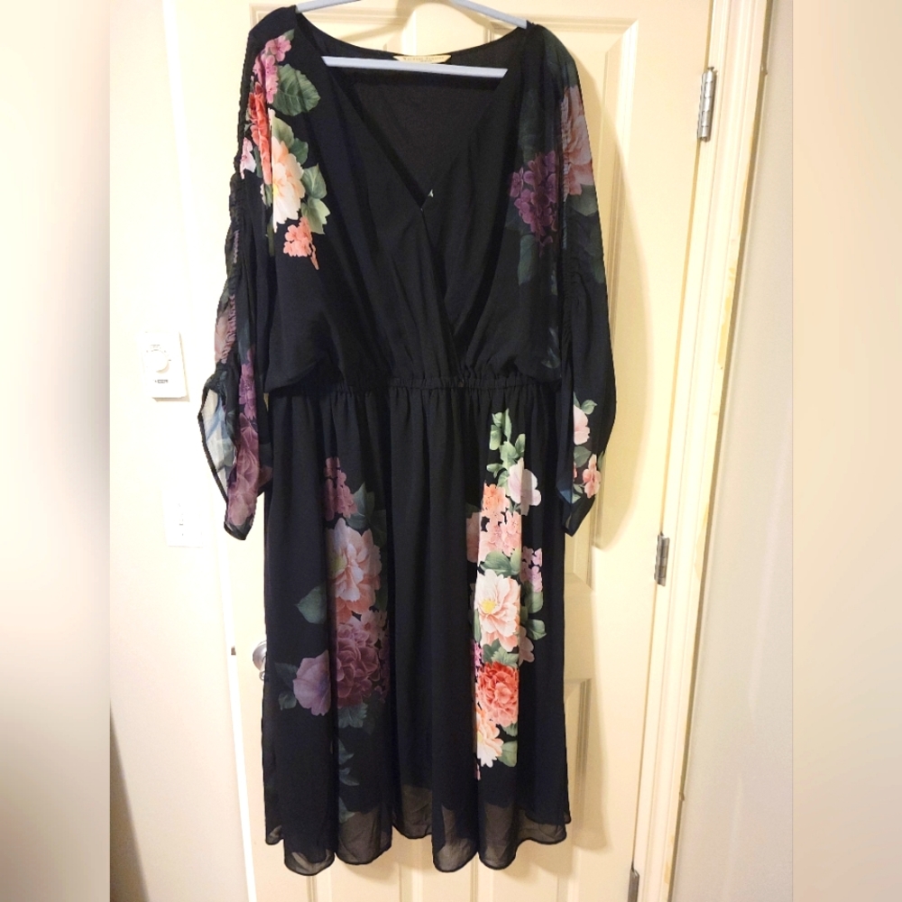 eShakti Floral Print Georgette dress, black, size 26W